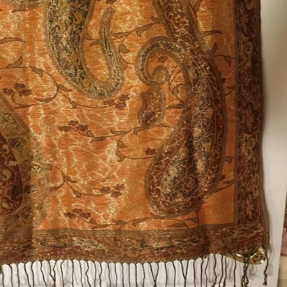 NWOT Orange and Browns with Silver Threads Scarf or Stole/Wrap